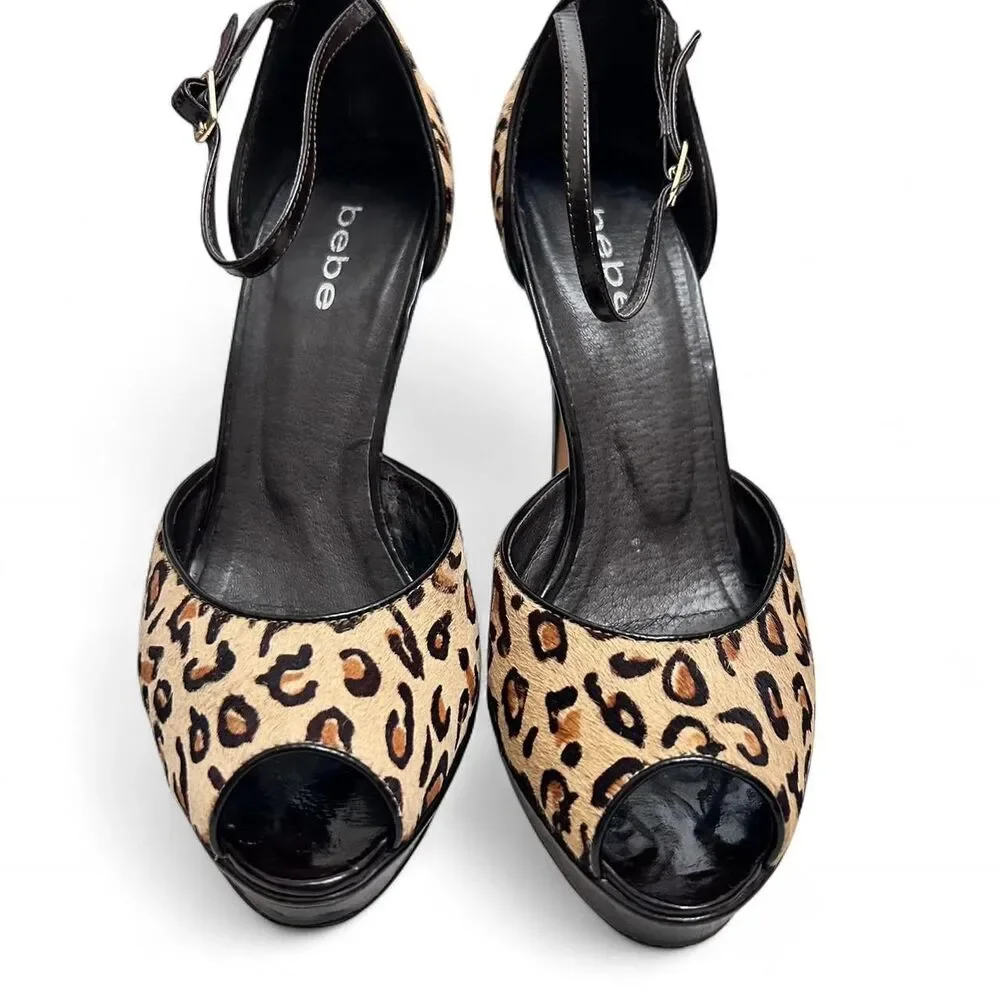 Bebe Leopard Animal Print Platform Ankle Strap Peep Toe Heels  - Sz 9